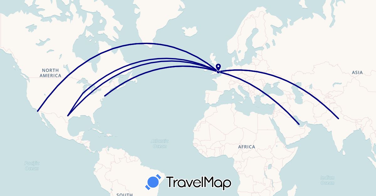 TravelMap itinerary: driving in Bahrain, United Kingdom, India, Qatar, United States (Asia, Europe, North America)